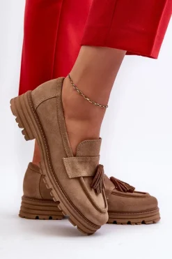 Sale 3469 Zamszowe Mokasyny Damskie Z Frędzlami Beżowe Damskie Loafersy Damskie|Mokasyny Płaskie