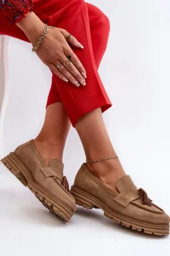 Sale 3469 Zamszowe Mokasyny Damskie Z Frędzlami Beżowe Damskie Loafersy Damskie|Mokasyny Płaskie