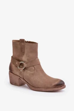 Clearance 60477 Zamszowe Ocieplane Botki Na Obcasie Beżowe Damskie Botki Ocieplane|Czarne Botki