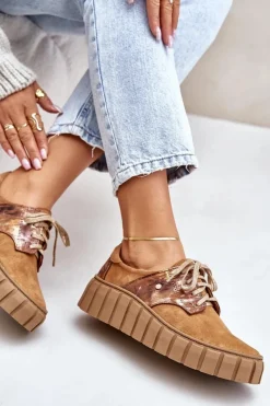 Półbuty Skórzane>Zazoo 10128 Zamszowe Półbuty Na Platformie Brązowe