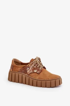 Półbuty Skórzane>Zazoo 10128 Zamszowe Półbuty Na Platformie Brązowe
