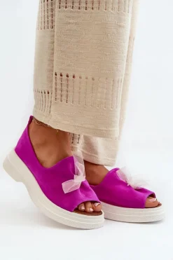 Sandały Płaskie>Zazoo 2939 Zamszowe Sandały Damskie Z Kokardką Fuksja Różowy