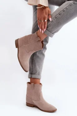 Botki Wiosenne|Botki Skórzane>Zazoo 2326 Zamszowe Wsuwane Botki Damskie Beżowe Beżowy