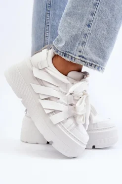 Sneakersy Damskie></noscript>Zazoo 2F-7033 Sneakersy Na Masywnej Platformie Białe
