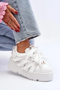 Sneakersy Damskie></noscript>Zazoo 2F-7033 Sneakersy Na Masywnej Platformie Białe
