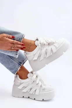 Sneakersy Damskie></noscript>Zazoo 2F-7033 Sneakersy Na Masywnej Platformie Białe