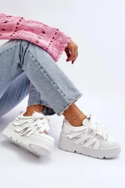 Sneakersy Damskie></noscript>Zazoo 2F-7033 Sneakersy Na Masywnej Platformie Białe