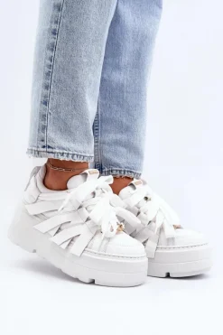Sneakersy Damskie></noscript>Zazoo 2F-7033 Sneakersy Na Masywnej Platformie Białe