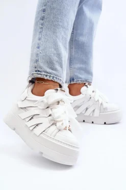 Sneakersy Damskie></noscript>Zazoo 2F-7033 Sneakersy Na Masywnej Platformie Białe