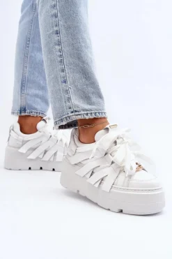 Sneakersy Damskie></noscript>Zazoo 2F-7033 Sneakersy Na Masywnej Platformie Białe