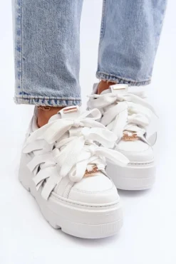 Sneakersy Damskie></noscript>Zazoo 2F-7033 Sneakersy Na Masywnej Platformie Białe