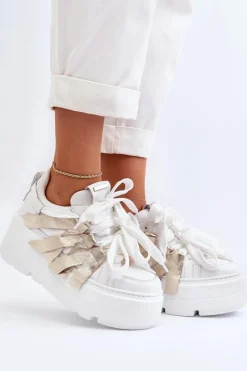 Online 2F-7033 Sneakersy Na Masywnej Platformie Biało-Złote Damskie Sneakersy Damskie