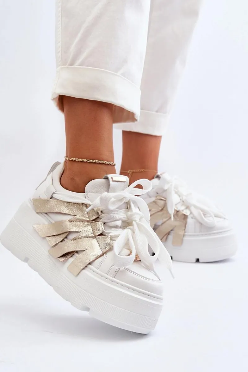 Online 2F-7033 Sneakersy Na Masywnej Platformie Biało-Złote Damskie Sneakersy Damskie