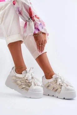 Online 2F-7033 Sneakersy Na Masywnej Platformie Biało-Złote Damskie Sneakersy Damskie
