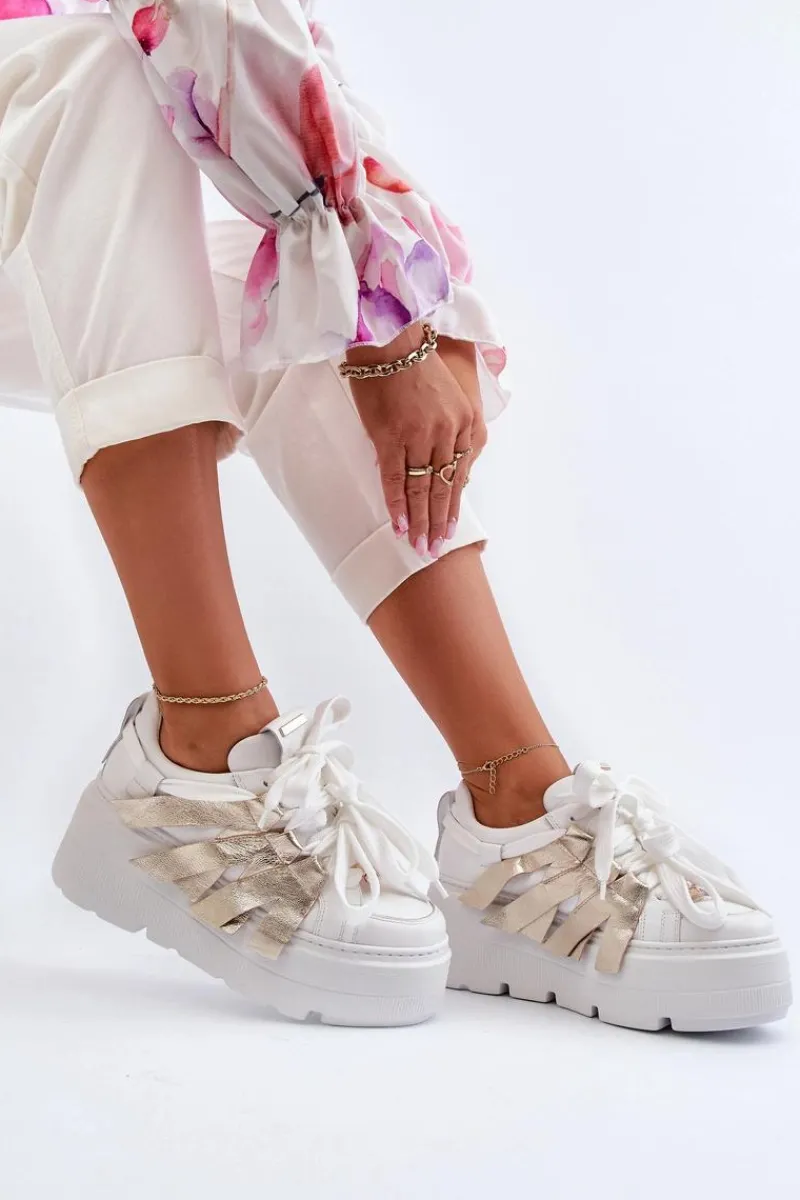 Online 2F-7033 Sneakersy Na Masywnej Platformie Biało-Złote Damskie Sneakersy Damskie