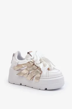 Online 2F-7033 Sneakersy Na Masywnej Platformie Biało-Złote Damskie Sneakersy Damskie