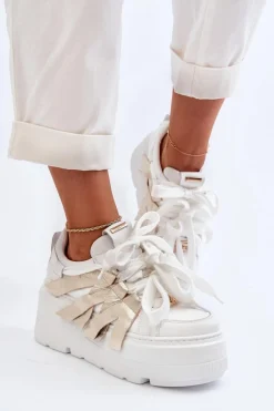 Online 2F-7033 Sneakersy Na Masywnej Platformie Biało-Złote Damskie Sneakersy Damskie