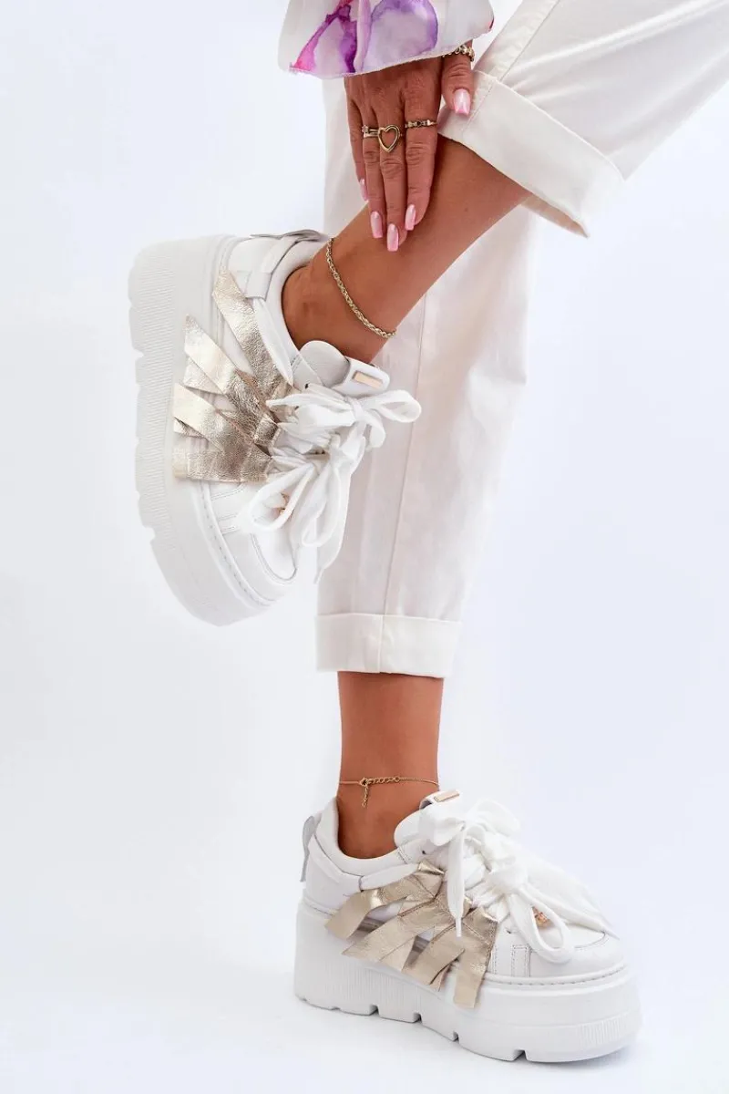 Online 2F-7033 Sneakersy Na Masywnej Platformie Biało-Złote Damskie Sneakersy Damskie