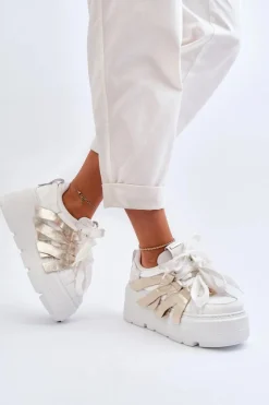 Online 2F-7033 Sneakersy Na Masywnej Platformie Biało-Złote Damskie Sneakersy Damskie