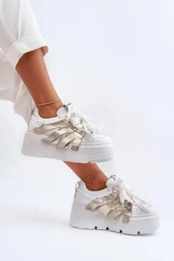 Online 2F-7033 Sneakersy Na Masywnej Platformie Biało-Złote Damskie Sneakersy Damskie