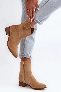 Best 3305/2/G Damskie Zamszowe Botki Kowbojki Na Niskim Obcasie Beżowe Damskie Botki Wiosenne|Botki Na Słupku