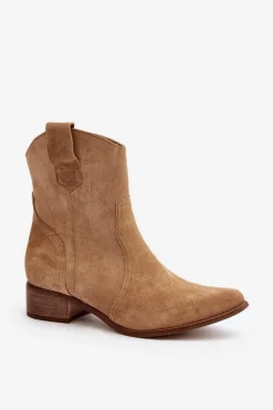 Best 3305/2/G Damskie Zamszowe Botki Kowbojki Na Niskim Obcasie Beżowe Damskie Botki Wiosenne|Botki Na Słupku