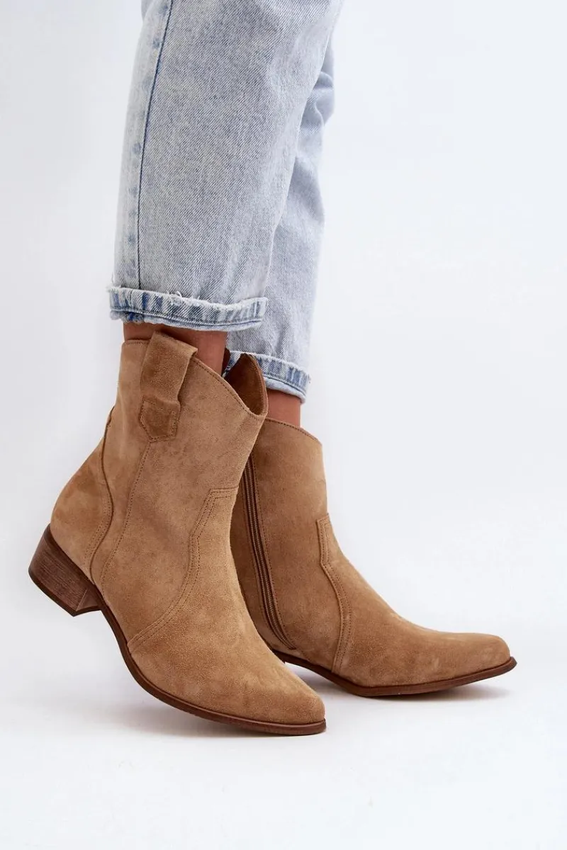 Best 3305/2/G Damskie Zamszowe Botki Kowbojki Na Niskim Obcasie Beżowe Damskie Botki Wiosenne|Botki Na Słupku