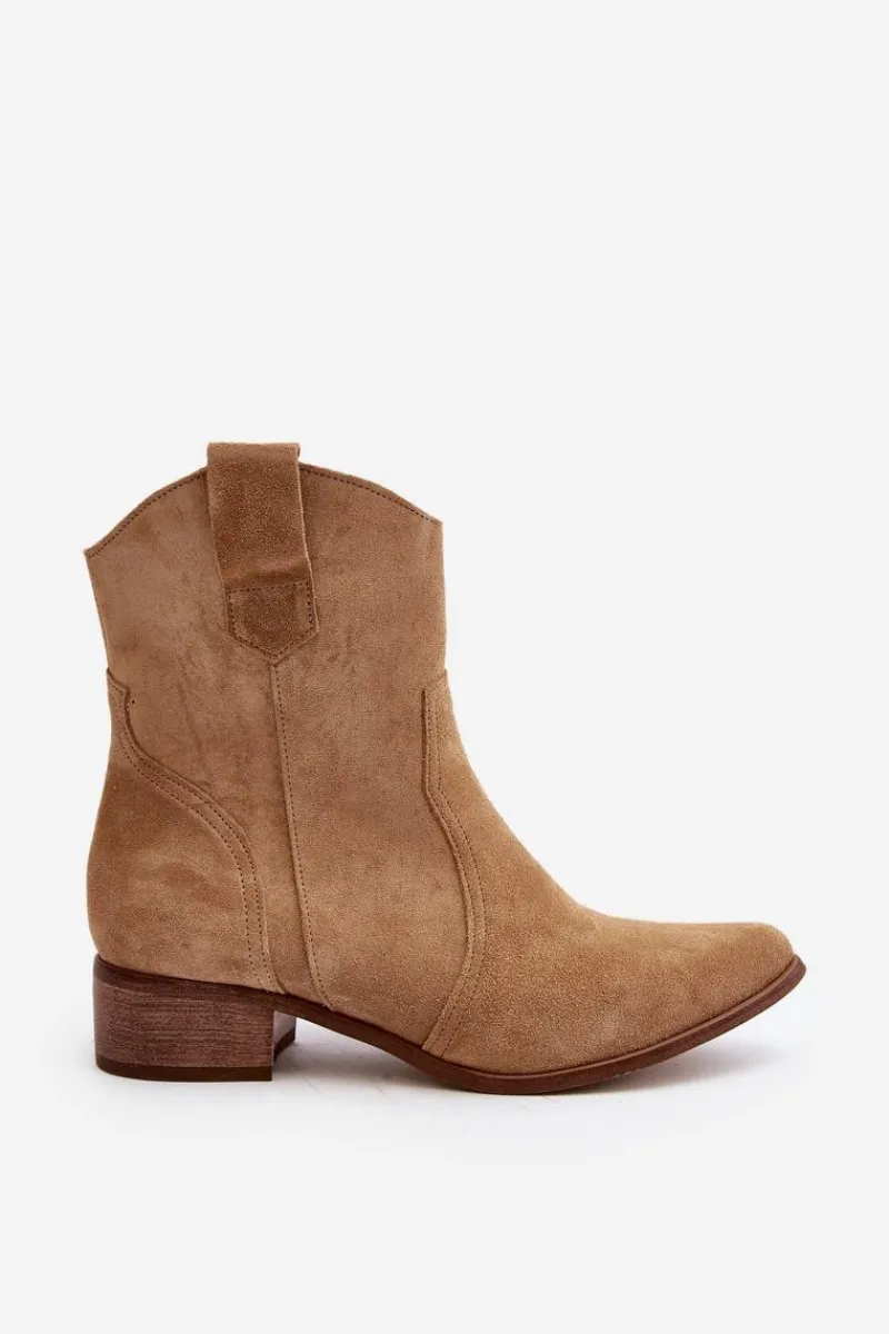 Best 3305/2/G Damskie Zamszowe Botki Kowbojki Na Niskim Obcasie Beżowe Damskie Botki Wiosenne|Botki Na Słupku