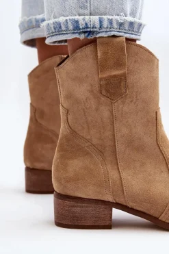 Best 3305/2/G Damskie Zamszowe Botki Kowbojki Na Niskim Obcasie Beżowe Damskie Botki Wiosenne|Botki Na Słupku