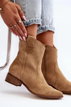 Best 3305/2/G Damskie Zamszowe Botki Kowbojki Na Niskim Obcasie Beżowe Damskie Botki Wiosenne|Botki Na Słupku