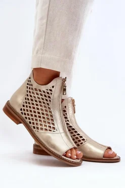 Sandały Ażurowe|Sandały Płaskie>Zazoo 977/L Skórzane Ażurowe Sandały Na Zamek Złote Złoty