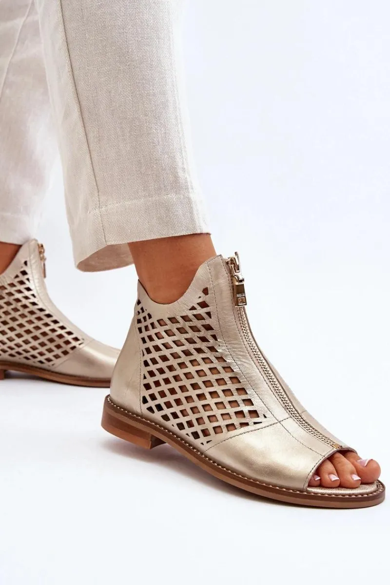 Sandały Ażurowe|Sandały Płaskie>Zazoo 977/L Skórzane Ażurowe Sandały Na Zamek Złote Złoty