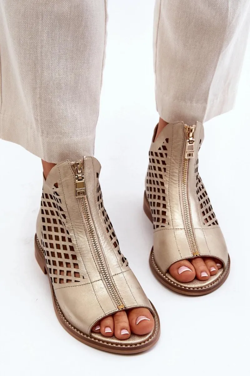 Sandały Ażurowe|Sandały Płaskie>Zazoo 977/L Skórzane Ażurowe Sandały Na Zamek Złote Złoty