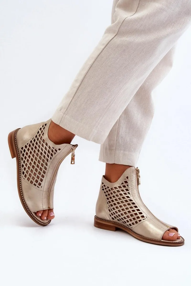 Sandały Ażurowe|Sandały Płaskie>Zazoo 977/L Skórzane Ażurowe Sandały Na Zamek Złote Złoty
