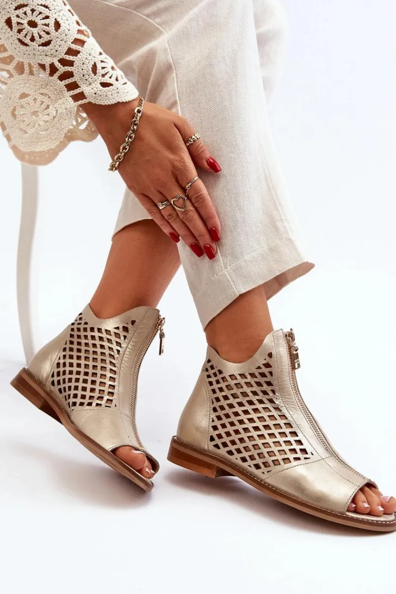 Sandały Ażurowe|Sandały Płaskie>Zazoo 977/L Skórzane Ażurowe Sandały Na Zamek Złote Złoty