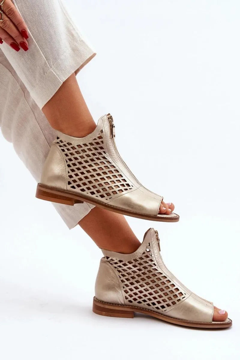 Sandały Ażurowe|Sandały Płaskie>Zazoo 977/L Skórzane Ażurowe Sandały Na Zamek Złote Złoty