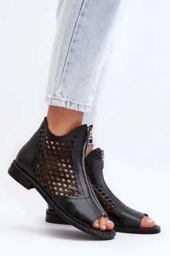 977/L Skórzane Ażurowe Sandały Na Zamek Czarne Damskie Sandały Ażurowe|Sandały Płaskie