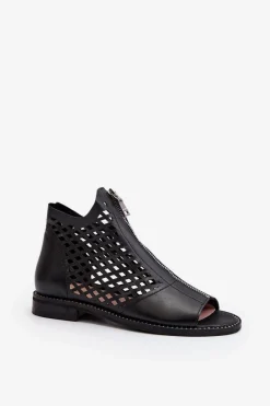 977/L Skórzane Ażurowe Sandały Na Zamek Czarne Damskie Sandały Ażurowe|Sandały Płaskie