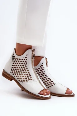 Sale Zazoo 977/L Skórzane Ażurowe Sandały Na Zamek Białe Biały