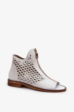 Sale Zazoo 977/L Skórzane Ażurowe Sandały Na Zamek Białe Biały
