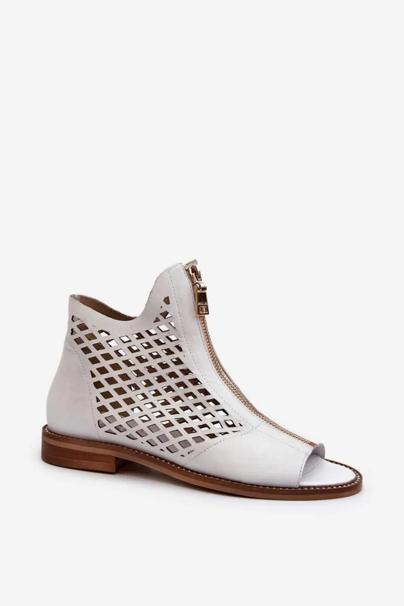 Sale Zazoo 977/L Skórzane Ażurowe Sandały Na Zamek Białe Biały