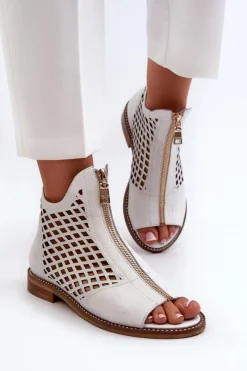 Sale Zazoo 977/L Skórzane Ażurowe Sandały Na Zamek Białe Biały