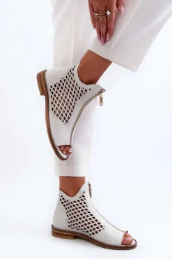 Sale Zazoo 977/L Skórzane Ażurowe Sandały Na Zamek Białe Biały