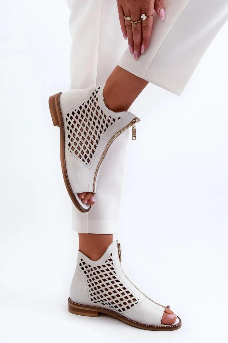 Sale Zazoo 977/L Skórzane Ażurowe Sandały Na Zamek Białe Biały