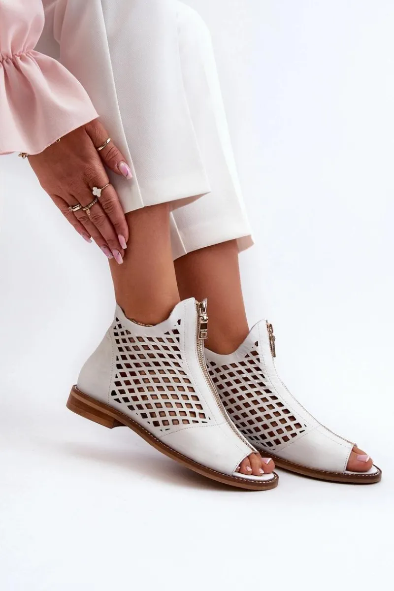 Sale Zazoo 977/L Skórzane Ażurowe Sandały Na Zamek Białe Biały
