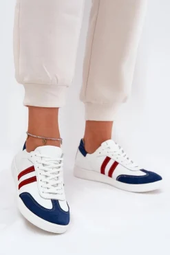 Sneakersy Damskie>Zazoo N1068 Skórzane Niskie Sneakersy Damskie Biało-Granatowe