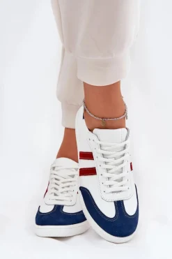 Sneakersy Damskie>Zazoo N1068 Skórzane Niskie Sneakersy Damskie Biało-Granatowe