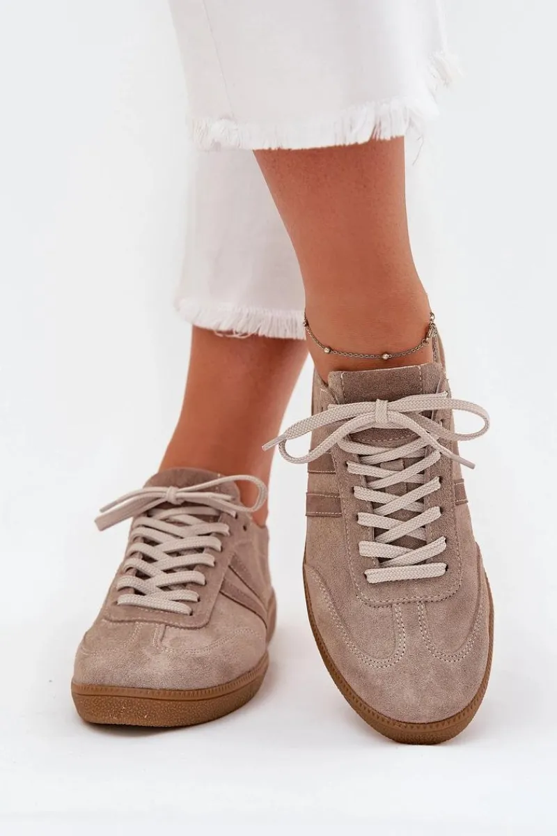 New Zazoo N1068 Zamszowe Niskie Sneakersy Damskie Ciemnobeżowe Beżowy