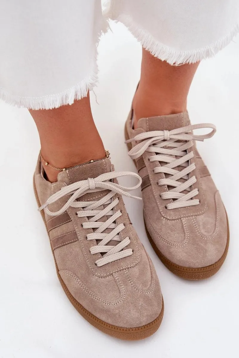 New Zazoo N1068 Zamszowe Niskie Sneakersy Damskie Ciemnobeżowe Beżowy