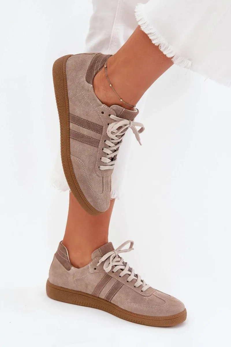 New Zazoo N1068 Zamszowe Niskie Sneakersy Damskie Ciemnobeżowe Beżowy